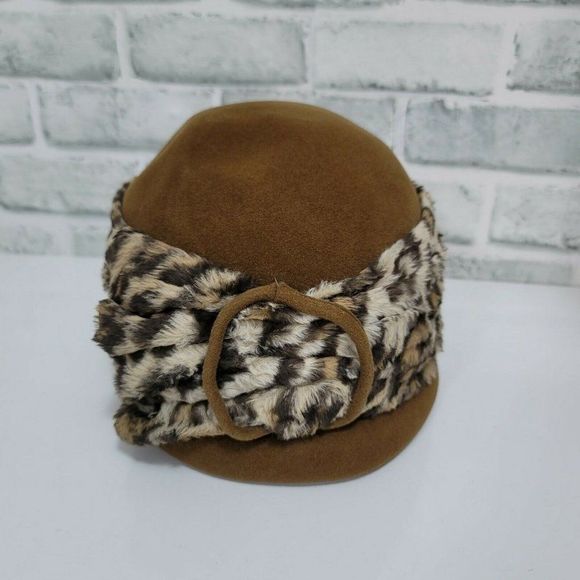 Vintage MARZI Firenze Designer Brown Felt Cloche Hat Faux Fur Leopard Italy - Picture 5 of 10